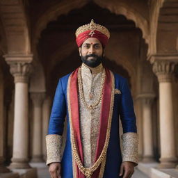 A majestic portrait of Shivaji Raje, the prominent Indian king, draped in traditional royal attire, with his crown depicting his glory and pride, against a backdrop of magnificent architecture of 17th century India