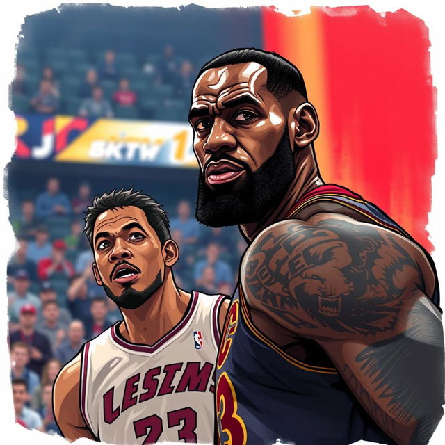 A dramatic and intense illustration capturing LeBron James in an unexpected confrontational moment with a fan