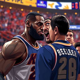 A dramatic and intense illustration capturing LeBron James in an unexpected confrontational moment with a fan