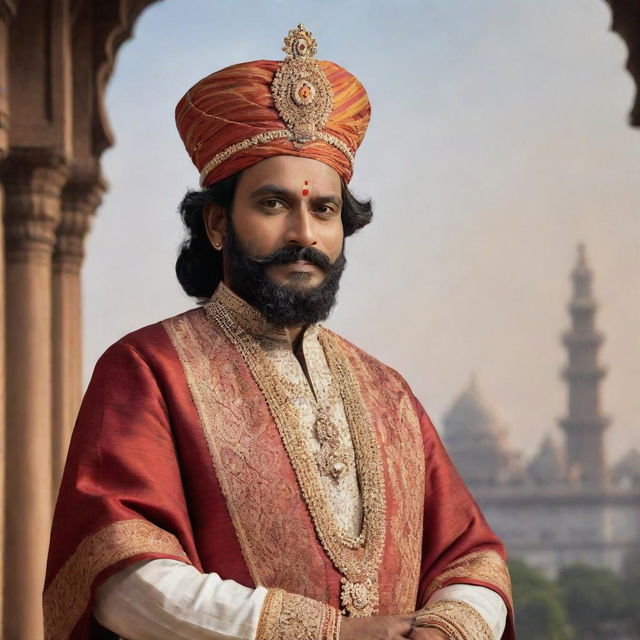 A majestic portrait of Shivaji Raje, the prominent Indian king, draped in traditional royal attire, with his crown depicting his glory and pride, against a backdrop of magnificent architecture of 17th century India