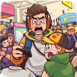 An intense and dramatic scene depicting a fictional character resembling a popular gaming streamer in a chaotic atmosphere