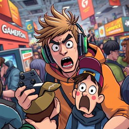 An intense and dramatic scene depicting a fictional character resembling a popular gaming streamer in a chaotic atmosphere