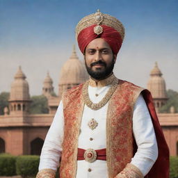 A majestic portrait of Shivaji Raje, the prominent Indian king, draped in traditional royal attire, with his crown depicting his glory and pride, against a backdrop of magnificent architecture of 17th century India