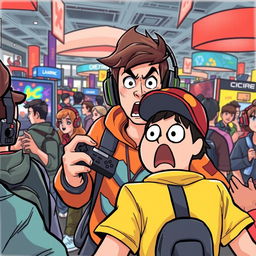 An intense and dramatic scene depicting a fictional character resembling a popular gaming streamer in a chaotic atmosphere