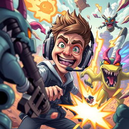 A surreal and darkly humorous illustration of a fictional YouTuber character in a dramatic, over-the-top video game scenario