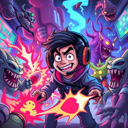 A surreal and darkly humorous illustration of a fictional YouTuber character in a dramatic, over-the-top video game scenario