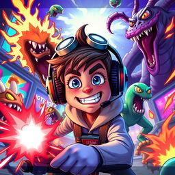 A surreal and darkly humorous illustration of a fictional YouTuber character in a dramatic, over-the-top video game scenario