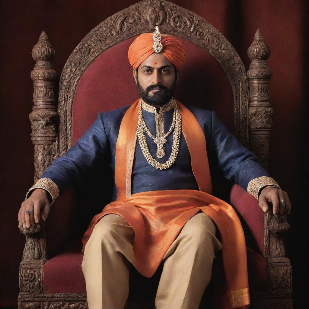 A majestic portrait of Chatrapati Shivaji Raje, adorned in traditional Marathi attire, seated on a throne with an expression of determination gracing his countenance