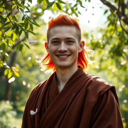 A 28-year-old man with striking red hair, an attractive facial structure with sharp features and a warm smile, dressed as a monk in traditional brown robes with intricate patterns