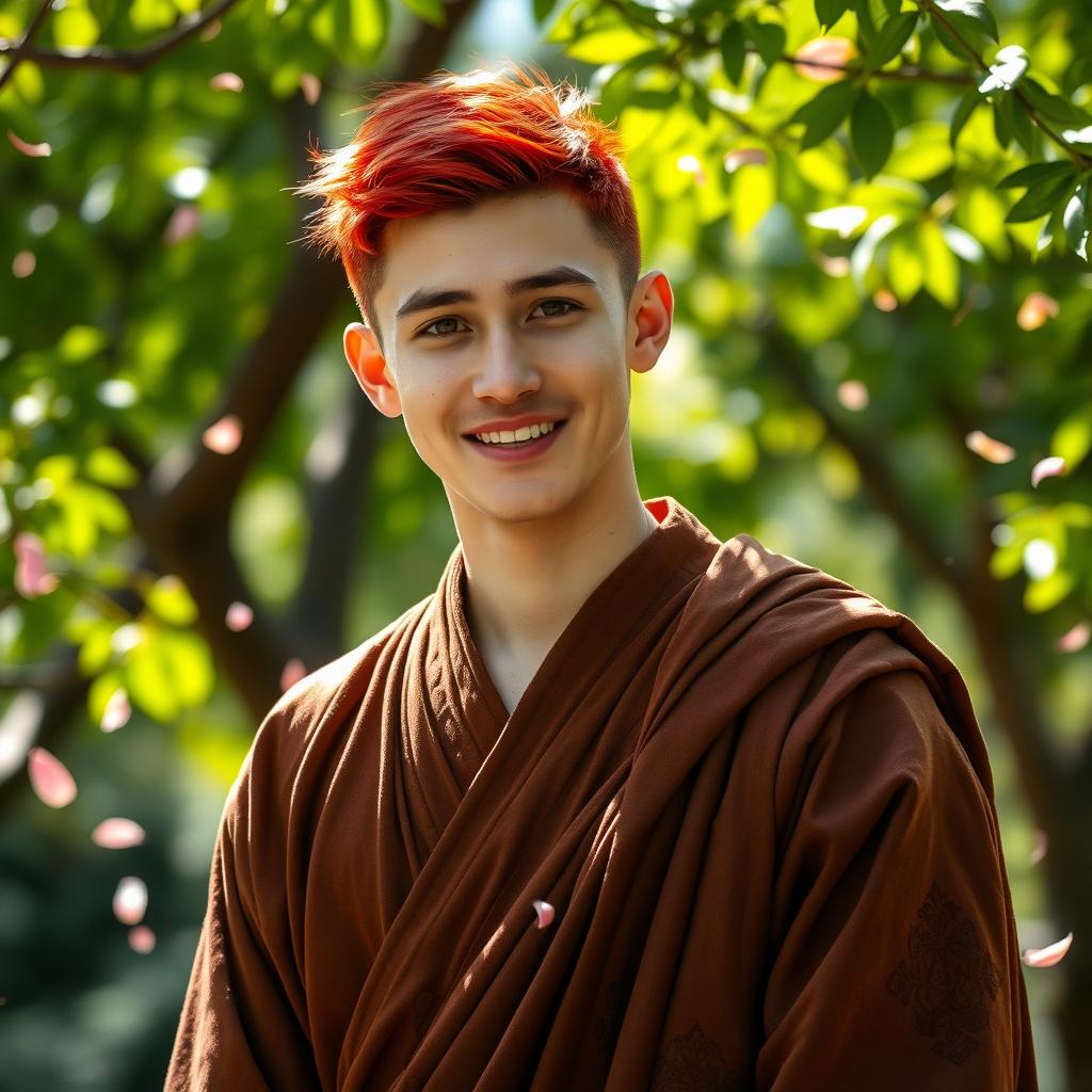 A 28-year-old man with striking red hair, an attractive facial structure with sharp features and a warm smile, dressed as a monk in traditional brown robes with intricate patterns