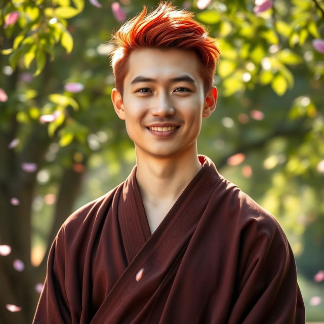 A 28-year-old man with striking red hair, an attractive facial structure with sharp features and a warm smile, dressed as a monk in traditional brown robes with intricate patterns