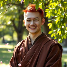 A 28-year-old man with striking red hair, an attractive facial structure with sharp features and a warm smile, dressed as a monk in traditional brown robes with intricate patterns