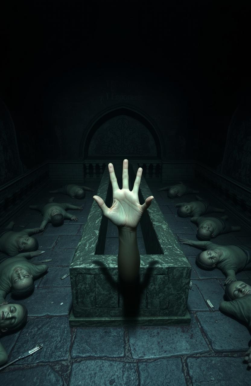 A dark, eerie room featuring a long, ancient stone crypt