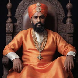 A majestic portrait of Chatrapati Shivaji Raje, adorned in traditional Marathi attire, seated on a throne with an expression of determination gracing his countenance