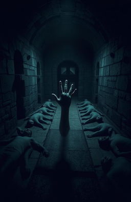 A dark, eerie room featuring a long, ancient stone crypt