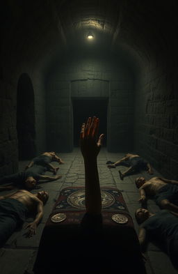 A dark, eerie room featuring a long, ancient stone crypt