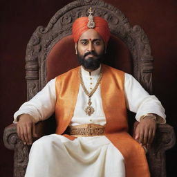 A majestic portrait of Chatrapati Shivaji Raje, adorned in traditional Marathi attire, seated on a throne with an expression of determination gracing his countenance