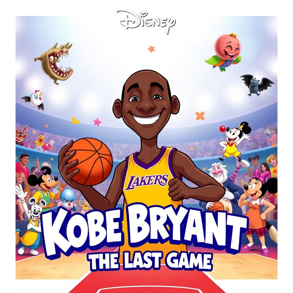 A playful and whimsical poster for a fictional Disney movie titled 'Kobe Bryant: The Last Game'