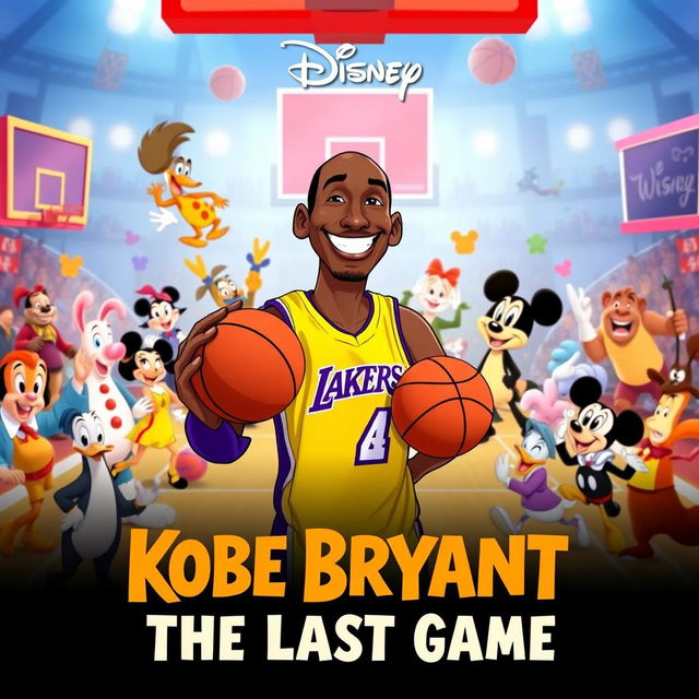 A playful and whimsical poster for a fictional Disney movie titled 'Kobe Bryant: The Last Game'