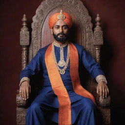 A majestic portrait of Chatrapati Shivaji Raje, adorned in traditional Marathi attire, seated on a throne with an expression of determination gracing his countenance