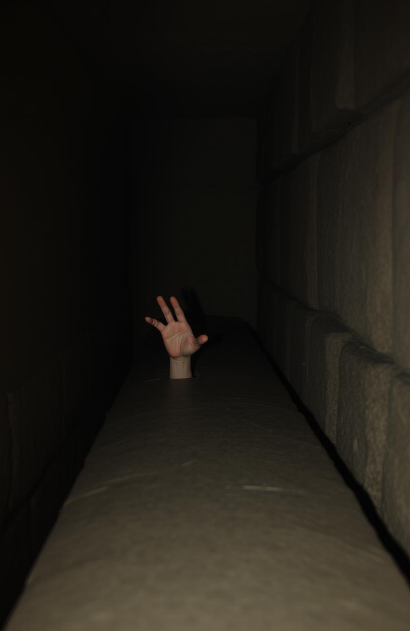 A long stone crypt situated in a dimly lit room