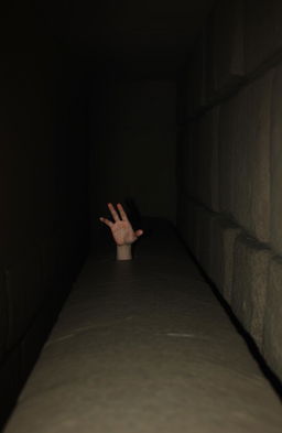 A long stone crypt situated in a dimly lit room