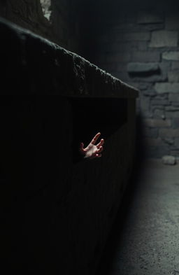 A long stone crypt situated in a dimly lit room