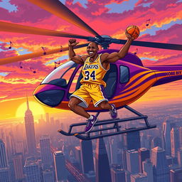 A vibrant and dynamic illustration of a fictional scene featuring Kobe Bryant dancing joyfully on the rotor of a helicopter