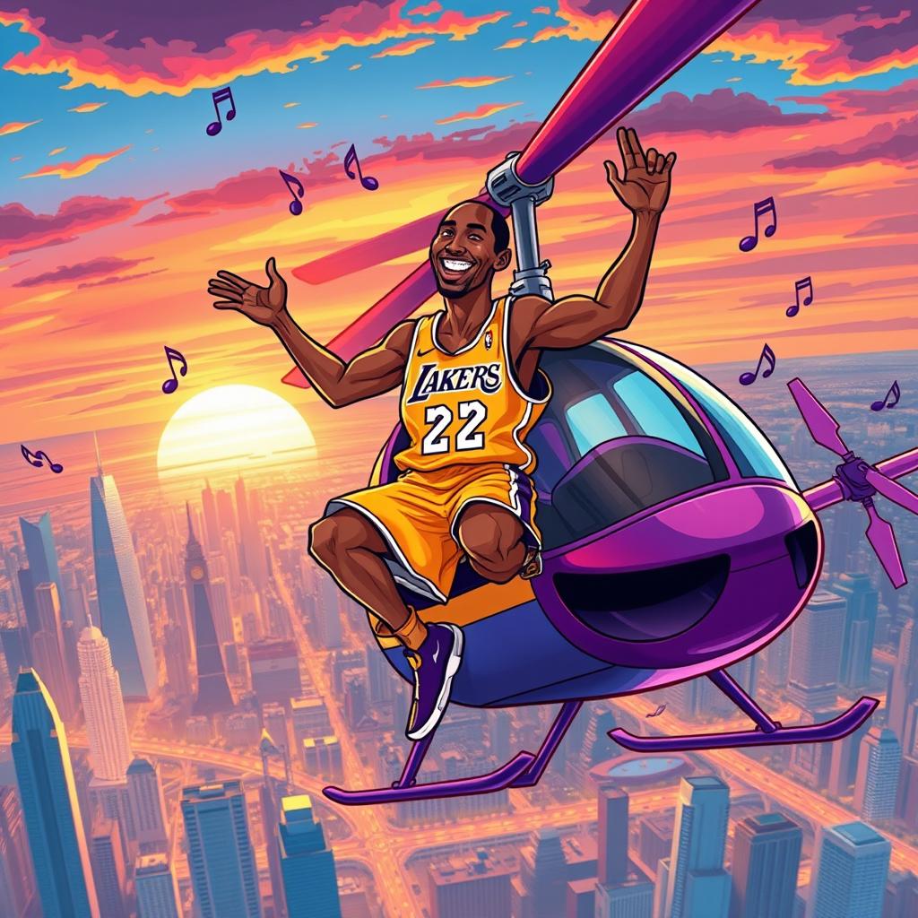 A vibrant and dynamic illustration of a fictional scene featuring Kobe Bryant dancing joyfully on the rotor of a helicopter