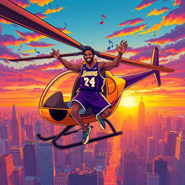 A vibrant and dynamic illustration of a fictional scene featuring Kobe Bryant dancing joyfully on the rotor of a helicopter