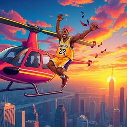 A vibrant and dynamic illustration of a fictional scene featuring Kobe Bryant dancing joyfully on the rotor of a helicopter