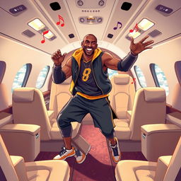 A lively and imaginative illustration of Kobe Bryant joyfully dancing inside a private jet
