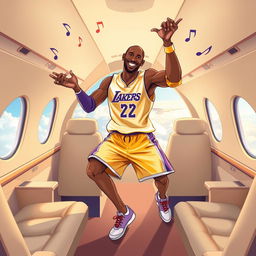A lively and imaginative illustration of Kobe Bryant joyfully dancing inside a private jet