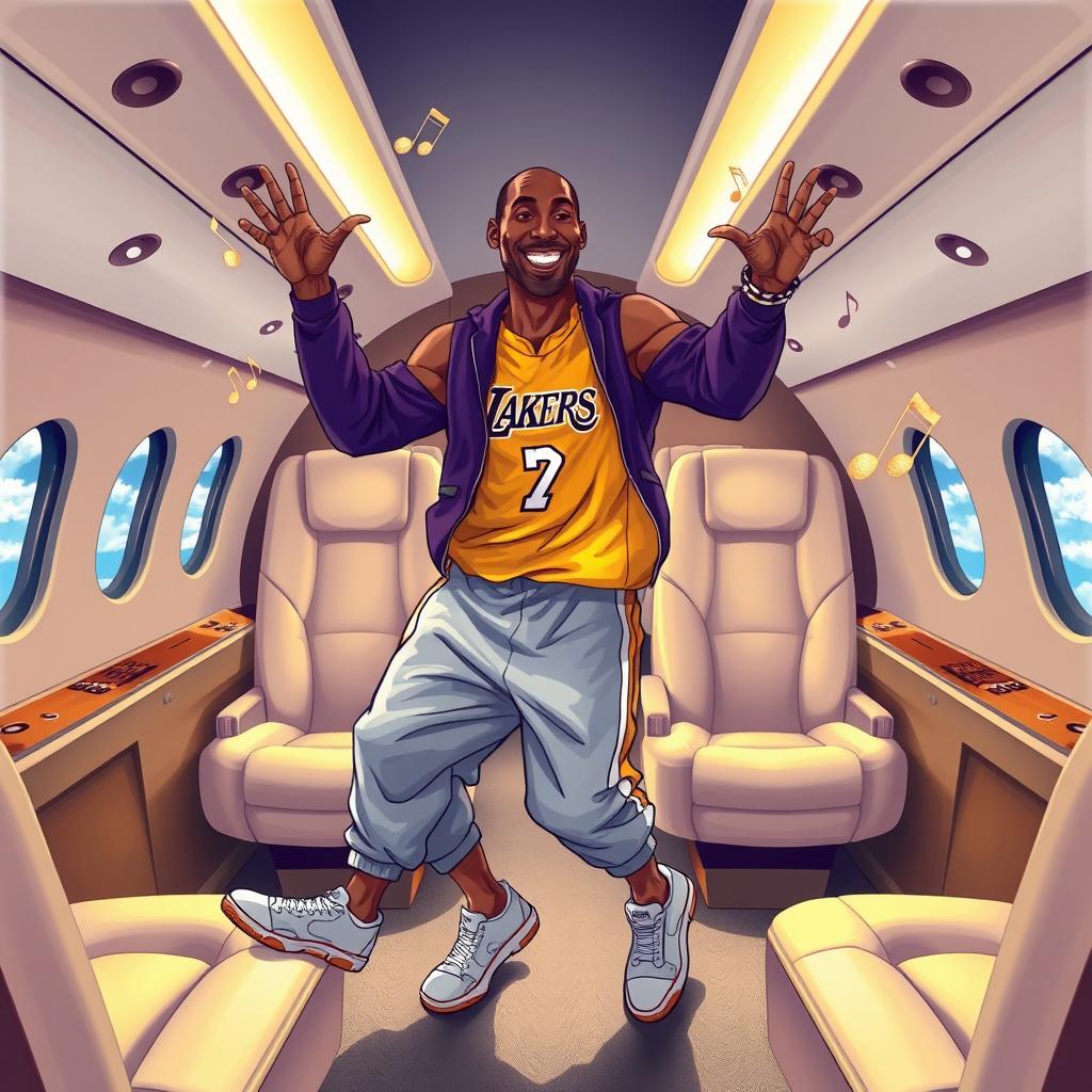 A lively and imaginative illustration of Kobe Bryant joyfully dancing inside a private jet