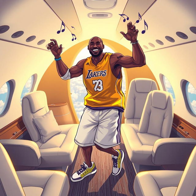 A lively and imaginative illustration of Kobe Bryant joyfully dancing inside a private jet