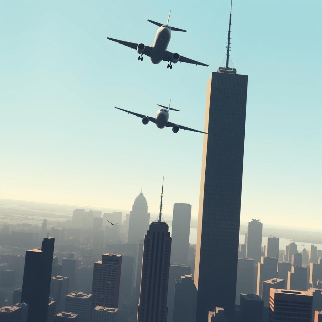 A dramatic and somber illustration depicting a fictional airplane flying over a vast cityscape, with the iconic silhouette of two tall buildings in the foreground