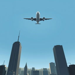 A dramatic and somber illustration depicting a fictional airplane flying over a vast cityscape, with the iconic silhouette of two tall buildings in the foreground