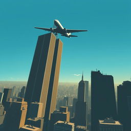 A dramatic and somber illustration depicting a fictional airplane flying over a vast cityscape, with the iconic silhouette of two tall buildings in the foreground