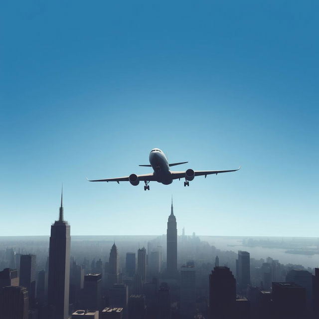 A dramatic and somber illustration depicting a fictional airplane flying over a vast cityscape, with the iconic silhouette of two tall buildings in the foreground