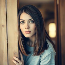 A woman with straight hair peeking through an open door, her curious expression revealing intrigue