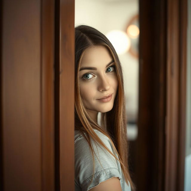 A woman with straight hair peeking through an open door, her curious expression revealing intrigue