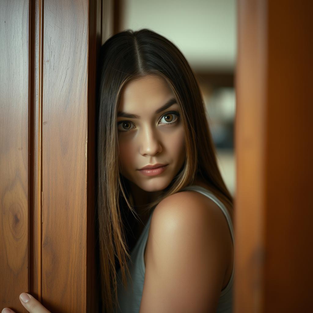 A woman with straight hair peeking through an open door, her curious expression revealing intrigue