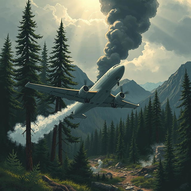 A dramatic and intense illustration capturing a fictional airplane crash scene in a remote forested area