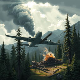 A dramatic and intense illustration capturing a fictional airplane crash scene in a remote forested area