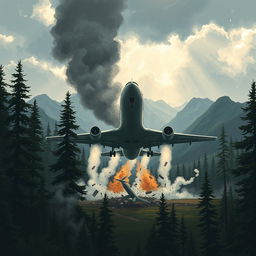 A dramatic and intense illustration capturing a fictional airplane crash scene in a remote forested area