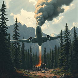 A dramatic and intense illustration capturing a fictional airplane crash scene in a remote forested area