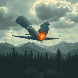 An impactful and evocative illustration of a fictional airplane crash scene in a dramatic landscape