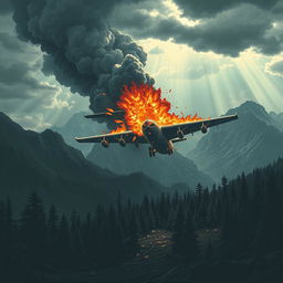 An impactful and evocative illustration of a fictional airplane crash scene in a dramatic landscape