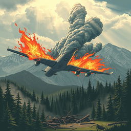 An impactful and evocative illustration of a fictional airplane crash scene in a dramatic landscape