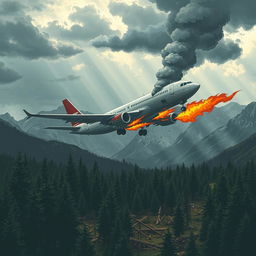An impactful and evocative illustration of a fictional airplane crash scene in a dramatic landscape